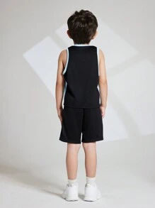 Young Boys' V-Neck Contrast Trim Tank Top And Shorts Summer Sports Outfits - Black - View 2
