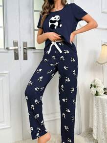 Women's Simple Panda Printed Short Sleeve And Long Pants Pajama Set - Navy Blue - View 3
