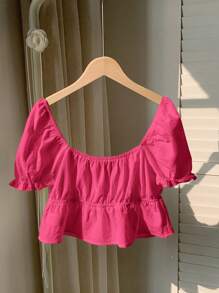 Comfortcana 素色簡約編織女士綁帶前短上衣 - 玫紅色 - 查看 2