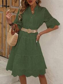 SHEIN LUNE Vestido de playa con cuello de solapa, mangas cortas y tejido con efecto de quemado, con botonadura simple y unicolor para mujer