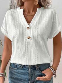 SHEIN LUNE Plus Size Women's Summer Solid Color Short Sleeve Casual T-Shirt With Notched V-Neck - White - View 3