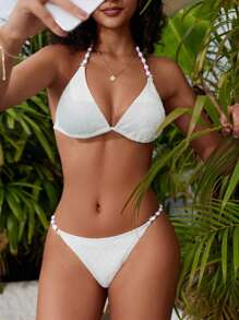 SHEIN Swim Bộ bikini gợi cảm dây cổ yếm màu trơn cho nữ trong kỳ nghỉ hè - Màu be - Xem 3