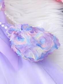 Tween Girls' Floral Printed Sleeveless Mesh Splice Dress With Bag - Purple - View 4