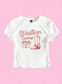 SHEIN Unity Damen Sommer weißes Crop-Ärmel Western Cowgirl T-Shirt mit Baby Tee Schnitt - Weiss - Übersicht 3