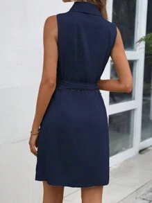 SHEIN Clasi 女款色塊翻領無袖裙 - 藏蓝色 - 查看 2
