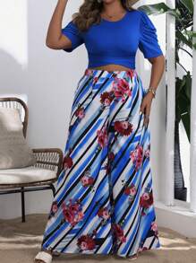 SHEIN VCAY Plus Size Women's Vacation Style Printed Short Sleeve Top And Skirt Set - Multicolor - View 1