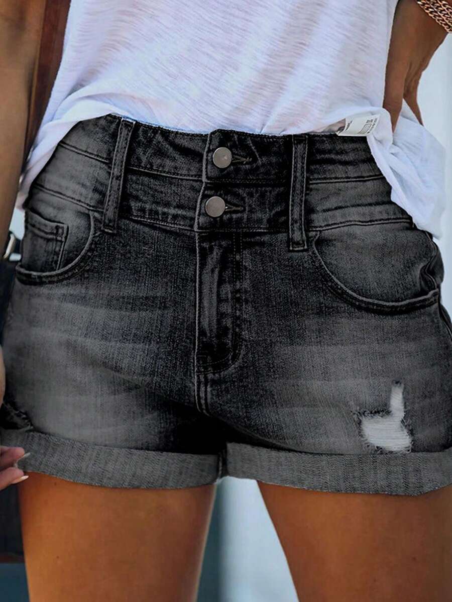 Women's Distressed Two-Button Roll Hem Casual Basic Denim Shorts - Black - View 1