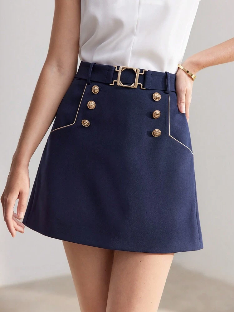 SOLID GOLD BUTTON DETAIL CONTRAST PIPING BELTED SKIRT