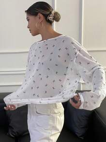 DAZY Damen Top mit dünnen Langärmeln, Blumenmuster, ausgeschnittenem Rücken und rundem Ausschnitt, Neckholder, Rüschen