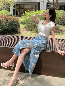 DAZY Váy denim xẻ tà bên hông in hoa thông thường mùa hè dành cho nữ - Rửa nhẹ - Xem 2