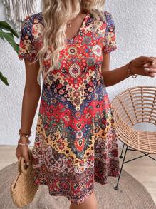 EMERY ROSE 女士夏季假日花卉印花V領短袖休閒連衣裙 - 彩色 - 查看 3