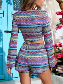 SHEIN VCAY Colorful Knitted Women Two-Piece Set With Round Neck Long Sleeve Top And Tie-Up Shorts - الأزرق - مشاهدة 3