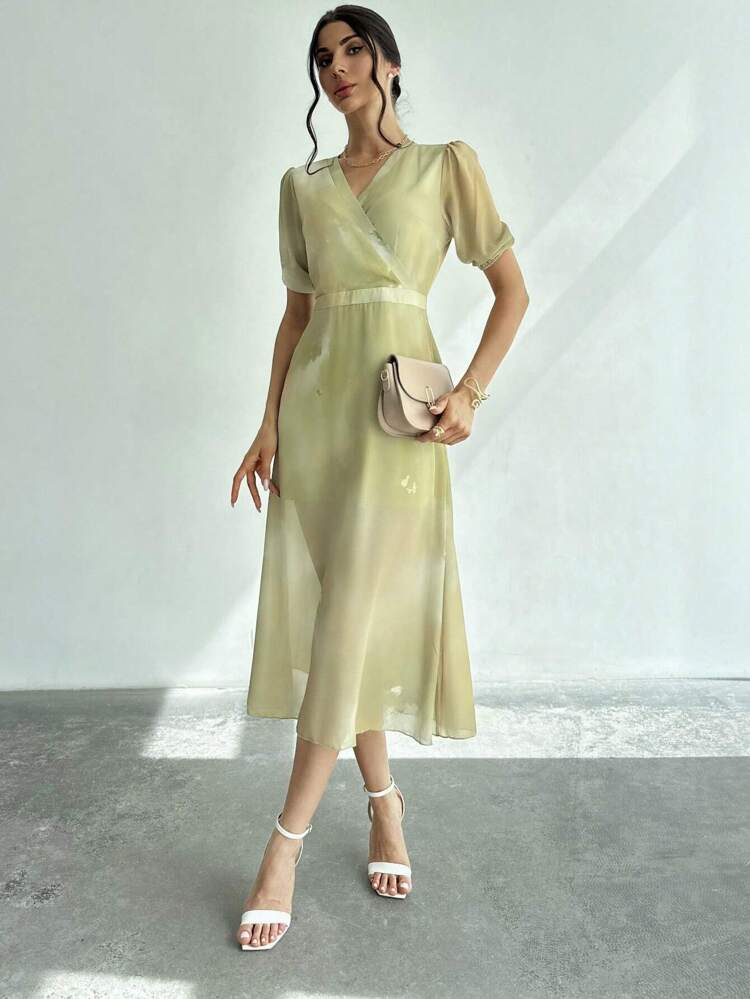 Women Elegant V-Neck Puff Sleeve Long Dress