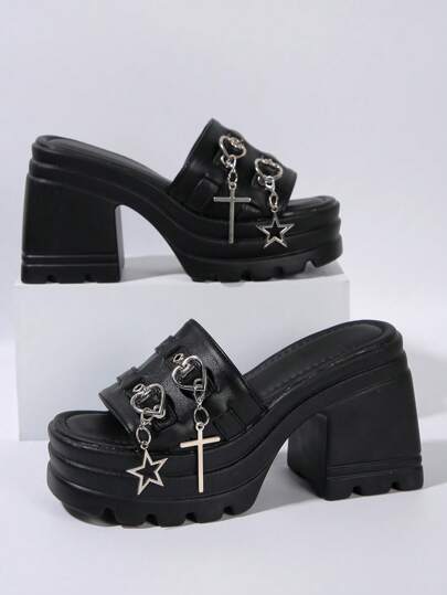 Grunge Punk 2024 Summer New Gothic Dark Outdoor Fashionable & Casual Slip-On Sandals With Heart & Cross Buckle, Platform Soles Fall Valentines Spring Shoes
