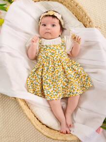 SHEIN Newborn Baby Girl Cute And Sweet Puff Short Sleeve Plain Top + Floral Suspender Skirt Set Suitable For Summer - Yellow - View 6