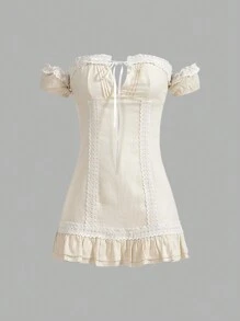 Muchica Women's Contrast Lace Off Shoulder Front Knot Ruffle Hem Midi Dress For Summer - Apricot - View 1