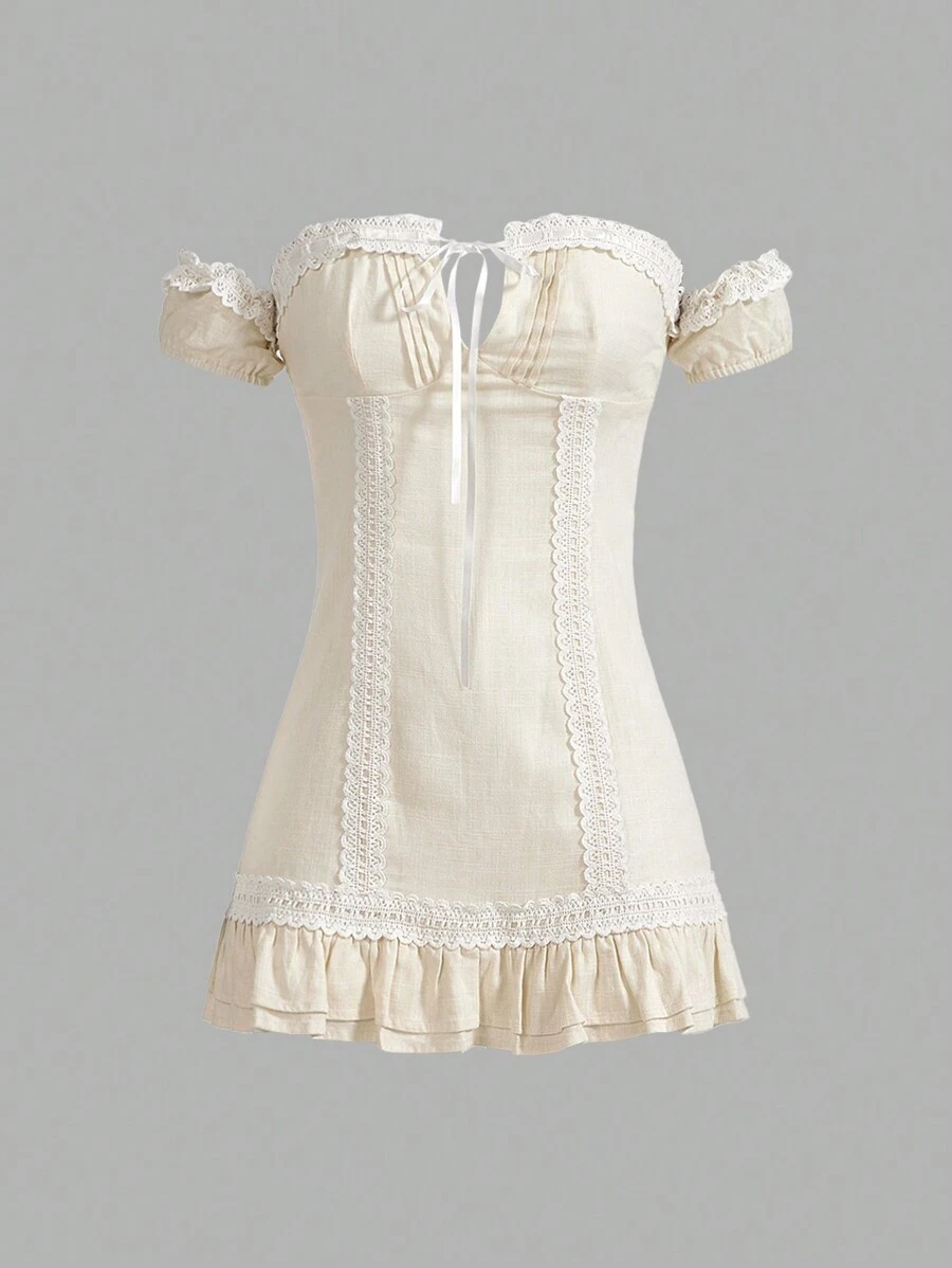 Muchica Women's Contrast Lace Off Shoulder Front Knot Ruffle Hem Midi Dress For Summer - Apricot - View 1