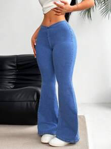 SHEIN EZwear 女士休閒修身喇叭牛仔褲 - 藍色 - 查看 7