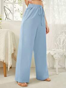SHEIN Essnce Women's Solid Color High Waist Wide Leg Casual Pants With Belt And Pockets - Baby Blue - View 4