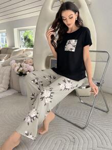 Color Block Floral Printed Short Sleeve And Long Pants Pajama Set - Black - View 6