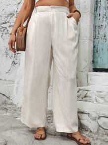 SHEIN VCAY Plus Size Holiday Apricot Linen Pocketed Women's Summer Long Pants - Apricot - View 3