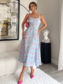 Siren Gaze Vintage Garden Queue Patterned Square Neckline Sleeveless Ladies' Dress With Floral Bustier, Spring/Summer Vacation Flower Blue Beach - Baby Blue - View 5