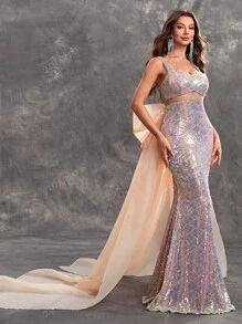 YISIKADO Vestido de noche elegante y formal para mujer con cuello corazón, espalda descubierta, lazo en la espalda, estilo sirena de tul y lentejuelas de lujo, ideal para graduación, cena