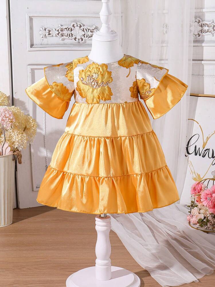 Baby Girl Summer Floral Printed Loose Multilayer Ruffled Hem Cute Dress With Round Neckline