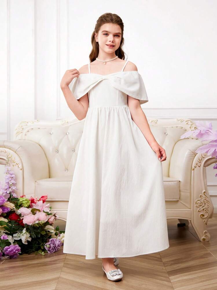 Tween Girl Graduation Party Spring/Summer Solid Color Woven Off Shoulder Short Sleeve Dress