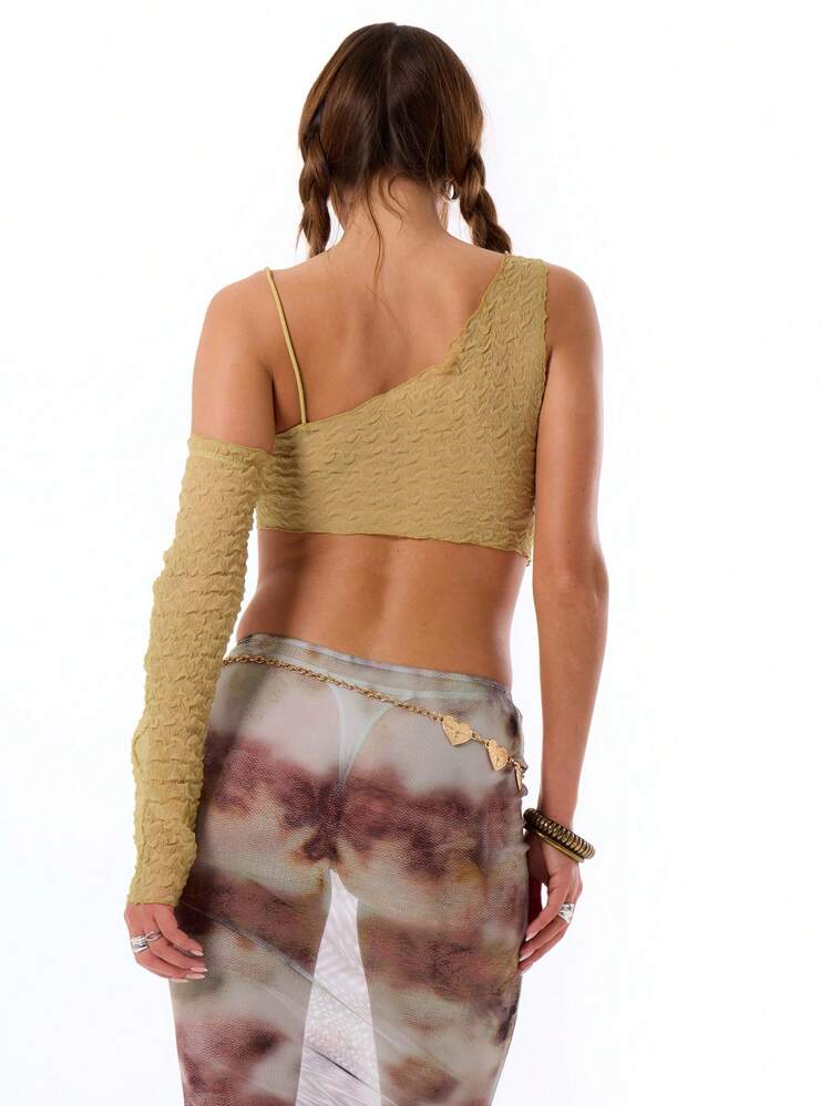 Sheer Crinkle One Sleeve Crop Top Summer Ibiza Festival Boho Spring Holiday