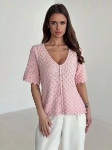 SHEIN Privé Elegant Deep V-Neck Puff Sleeve Knitted Top That Shows Slim Figure, Suitable For Street, Travel, And Dating - Beige - View 5