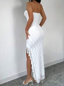 Rafferiza Women Fashionable Solid Color Split Front Strapless Dress