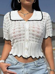 Flirla Fashionable High-End Design Hollow-Out Knit Top With Polo Collar - White - View 2