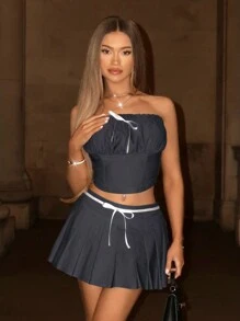 SHEIN BAE Conjunto de dos piezas de blusa con nudo de lazo a color y volantes, y falda fruncida, para uso diario de verano. Un look dulce y lindo perfecto para reuniones con amigas o salidas casuales - Gris Oscuro - Ver 4