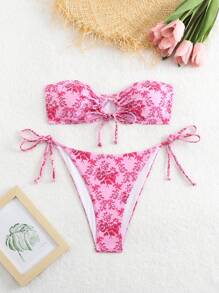 SHEIN Swim Women's Beach Vacation Floral Print Bandeau Hollow Out Lace-Up Sexy Bikini Set (Random Print),Summer Beach