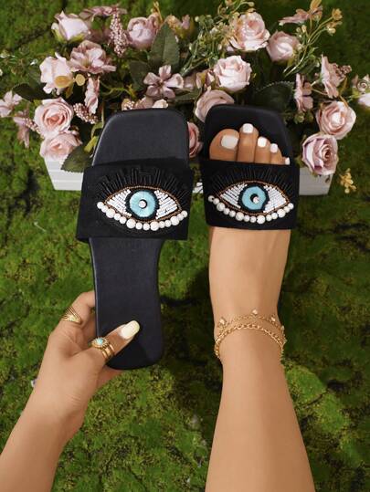 Women Square Toe Flat Sandals With Faux Pearl & Rhinestone Decor, Slip On Casual Vacation Style Flat Slippers,Spring Summer Outfits