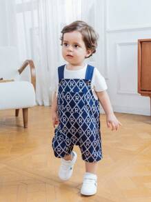 SHEIN Cute Baby Boy/Girl College Style Navy Blue Summer T-Shirt & Jumpsuit Set,Letter Pattern For Family Matching,Birthday Party,Wedding,Baptism Outfit - Multicolor - View 6
