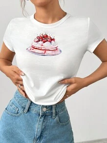 SHEIN EZwear Women's Casual Short Sleeve T-Shirt With Cupcake Print, Summer