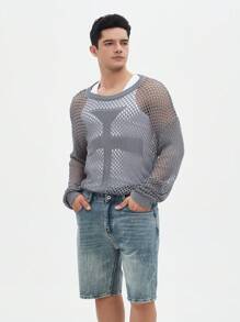 Manfinity EMRG Men's Crochet Simple Solid Color Hollow Out Long Sleeve Knitwear