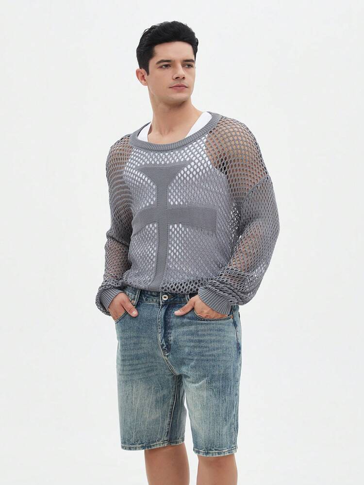 Men's Crochet Simple Solid Color Hollow Out Long Sleeve Knitwear