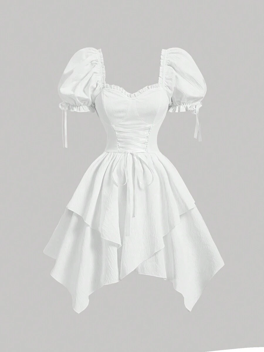 SHEIN MOD White Palace Golden Fish Tail Hem Váy phồng nhiều lớp phong cách công chúa - trắng - Xem 1