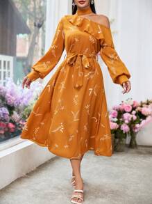 Modelyn Elegant Vacation Style Asymmetrical Collar Plant Print Ruffle Trim Long Sleeve Dress - Yellow - View 4