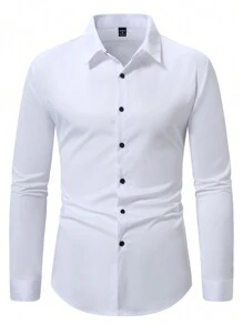Manfinity Mode Áo sơ mi nam dài tay có cổ bẻ màu trơn phía trước - trắng - Xem 7