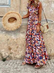 Breezaya Robe d'été à col V, manches volantées et imprimé intégral pour femmes