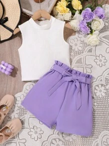 SHEIN Conjunto de 2 piezas para niña preadolescente de verano informal con top de unicolor y pantalones cortos con cintura de bolsa de papel