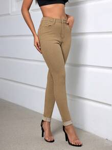 SHEIN EZwear SpringHigh Waist Ripped Skinny Jeans - Coffee Brown - View 6