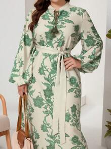 Mulvari 大尺碼燈籠袖花卉腰帶連衣裙，深V領口系帶，非常適合度假 - 彩色 - 查看 6