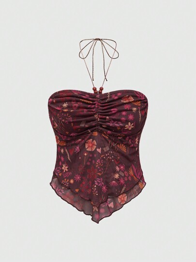LAURA BARREIRO Bohemian Vintage Plant Printed Ruched Halter Top For Summer