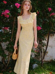 V-Neck Floral Printed Ruffle Hem Elegant Summer Dress - Yellow - View 5