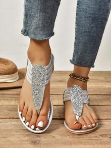 Sandalias planas de verano para mujer con decoración de pedrería, color plateado - Plateado - Ver 1